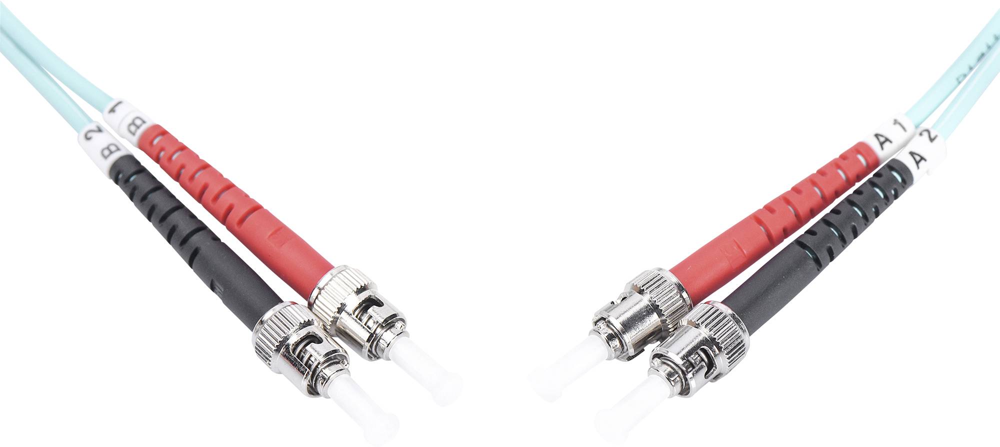 Zwei Glasfaserkabel mit farbiger Umhüllung und Metallsteckern, verbunden durch Kupplungen. Markierungen 'B1', 'B2', 'A1', 'A2'.