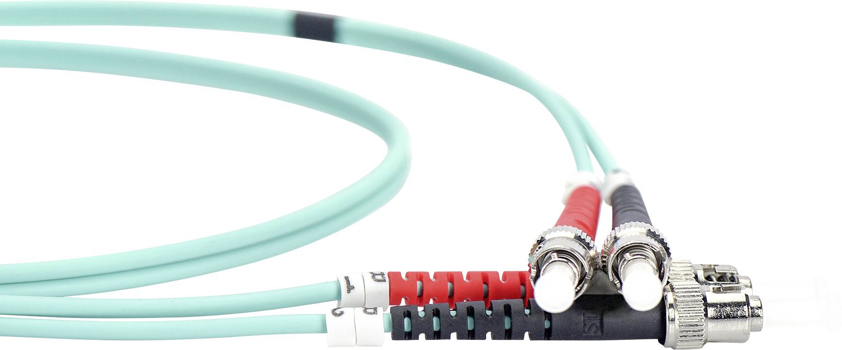 Ein Glasfaserkabel mit drei Steckern: zwei rot und blau markierte Anschlüsse und einer mit silbernem Stecker.