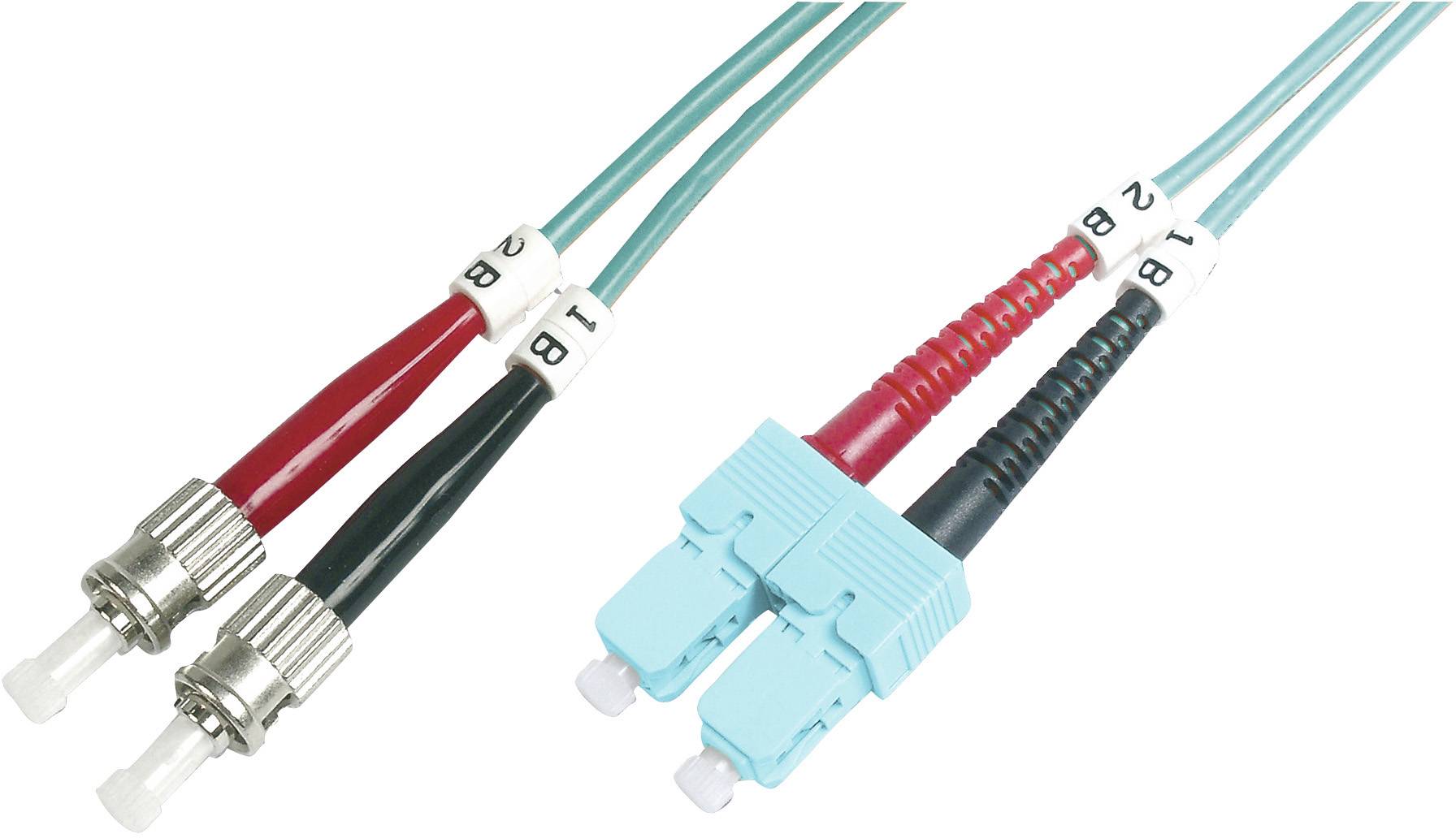 Ein Duplex-LWL-Patchkabel mit einem ST-Stecker (links) und einem LC-Stecker (rechts), geeignet für Netzwerkinstallationen.