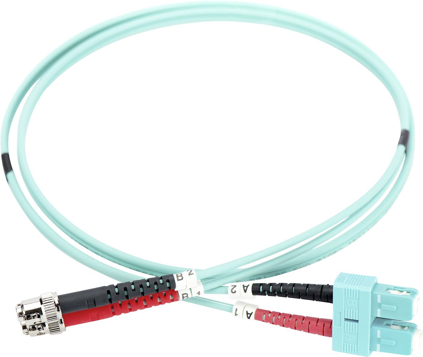 Ein türkisfarbenes Glasfaserkabel mit ST- und LC-Steckern, jeweils mit den Etiketten '1' und '2' markiert, auf weißem Hintergrund.