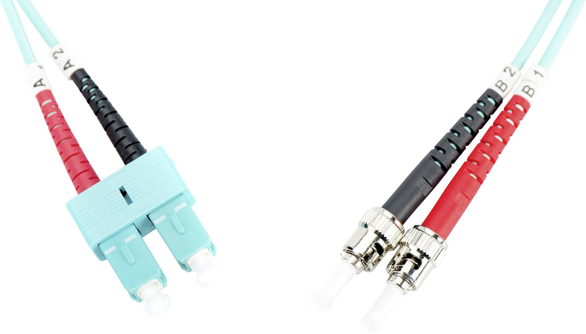 LWL-Kabelansicht: links zwei türkisfarbene Stecker mit 'A1' und 'A2', rechts zwei Stecker mit 'B1' und 'B2', schwarz und rot markiert.