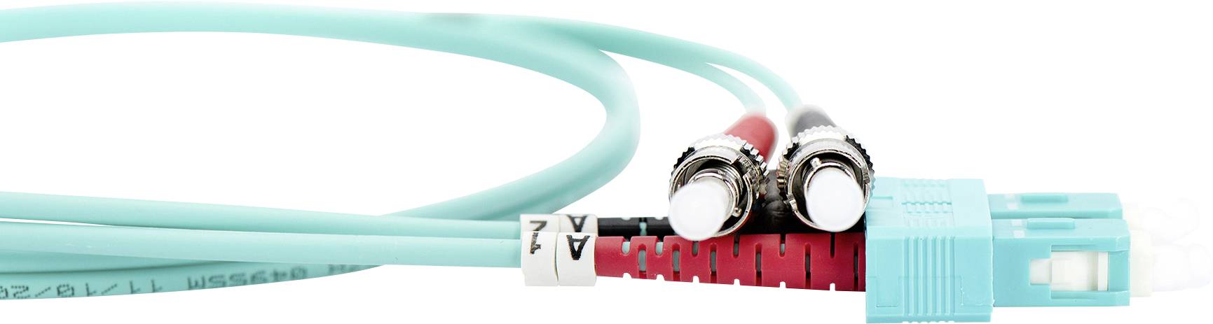 Lichtwellenleiterkabel mit türkisfarbenem LC-Stecker und rot-schwarzen Kupplungen.
