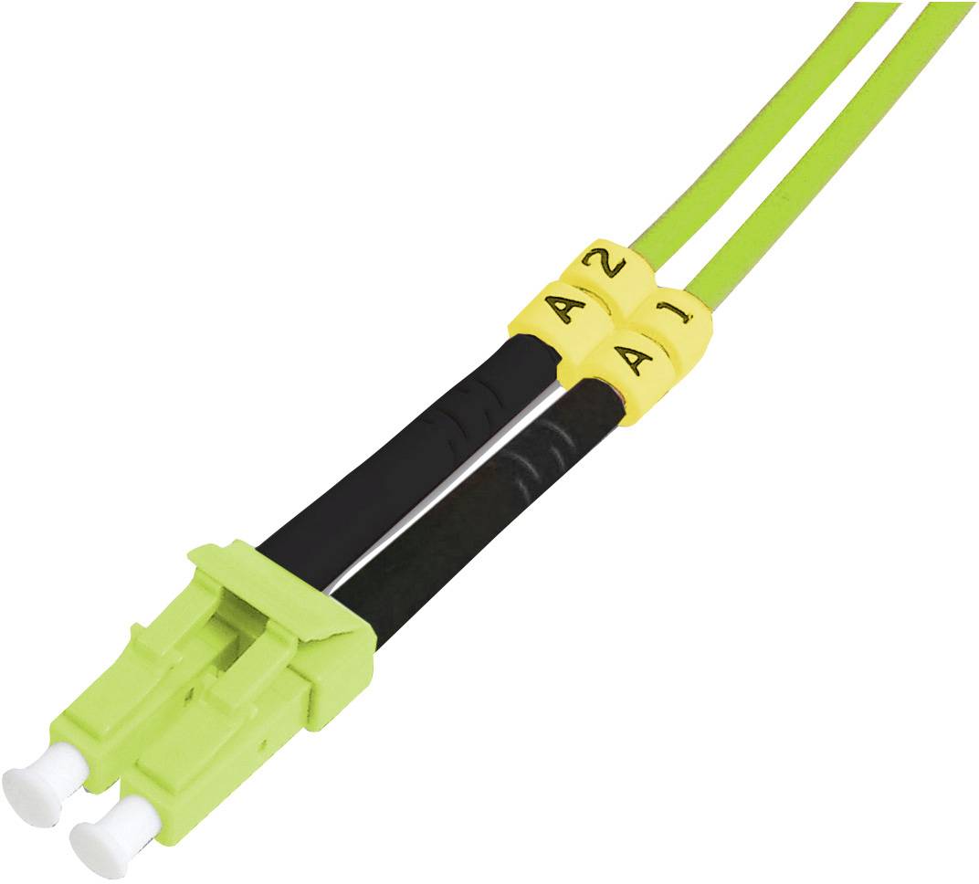Zwei grüne Glasfaserkabel mit weißen Enden und gelben Markierungen, die mit 'A' und '1' nummeriert sind. Ideal für Netzwerkverbindungen.