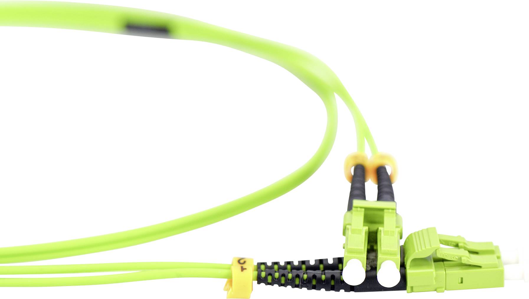 Ein grünes Glasfaserkabel mit LC-Steckern, geeignet für schnelle Internetverbindungen und Vernetzung verschiedener Geräte.
