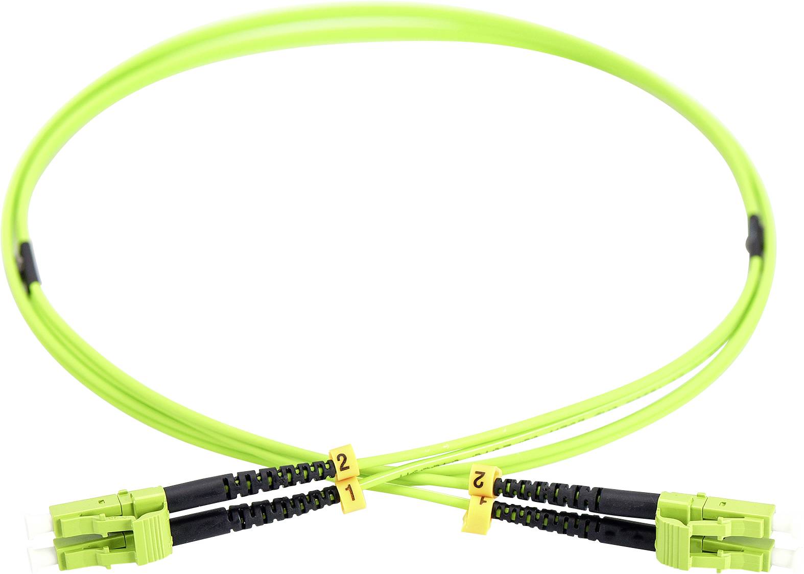 Grünes Glasfaserkabel mit gelben Etiketten '1' und '2' an den Steckern. Das Kabel ist zu einem ovalen Kreis geformt.