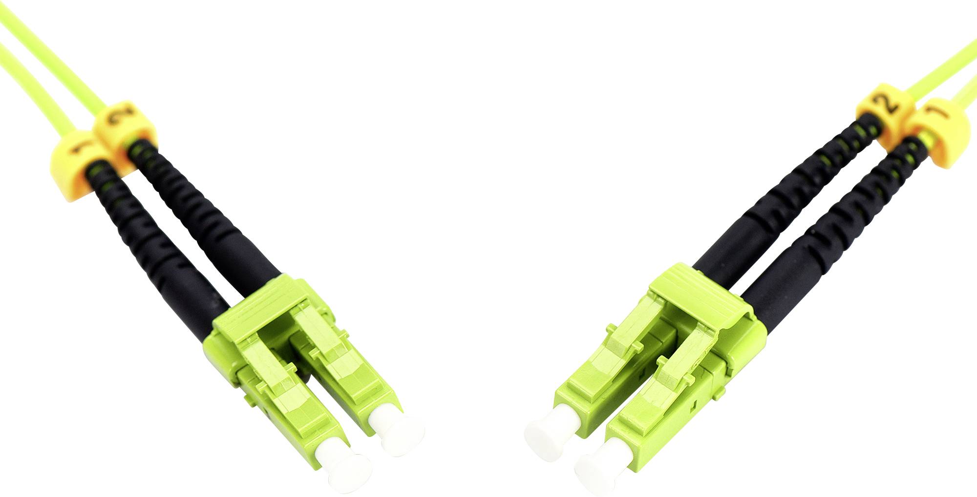 Zwei grüne Glasfaserkabel mit gelben Markierungen und schwarzen Schutzummantelungen, die Enden zeigen nach innen.