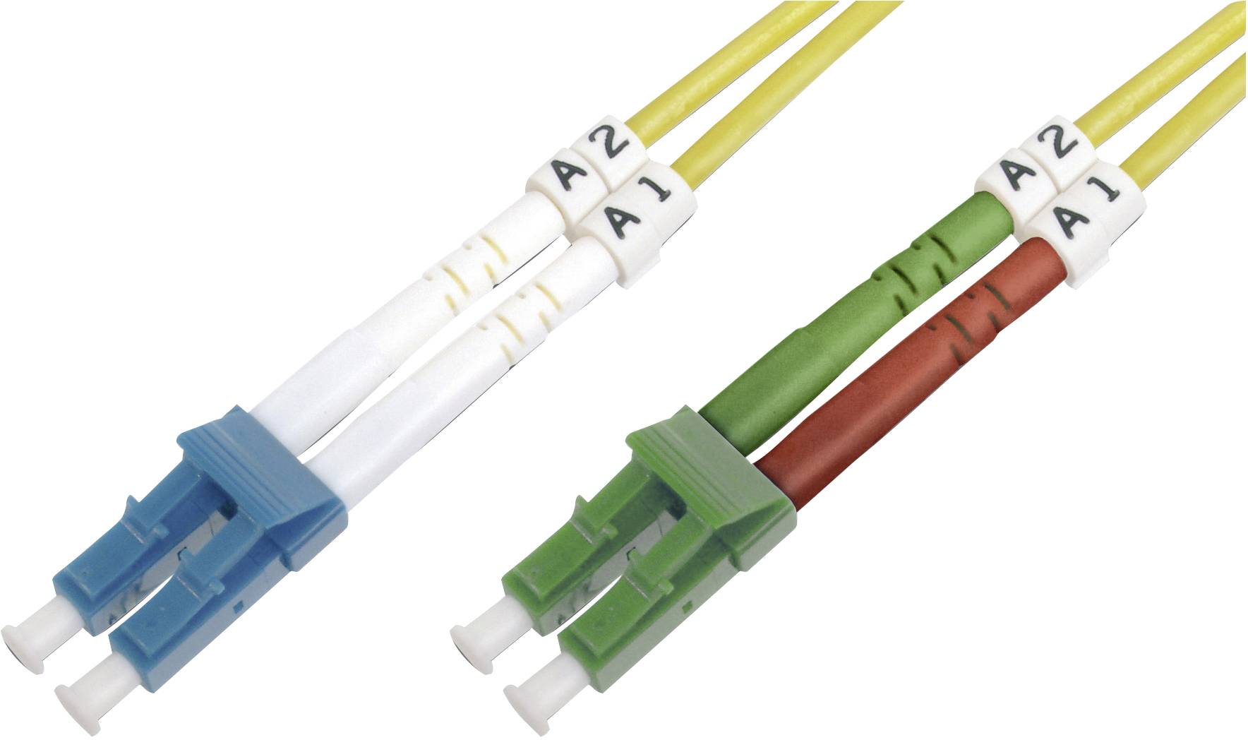 Faseroptikkabel mit blauen und grünen Steckern, markiert mit A1 und A2.