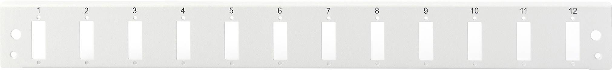 Weiße Patchpanelblende mit 12 nummerierten Ports von 1 bis 12, zur Organisation von Kabelverbindungen in Netzwerkschrank.