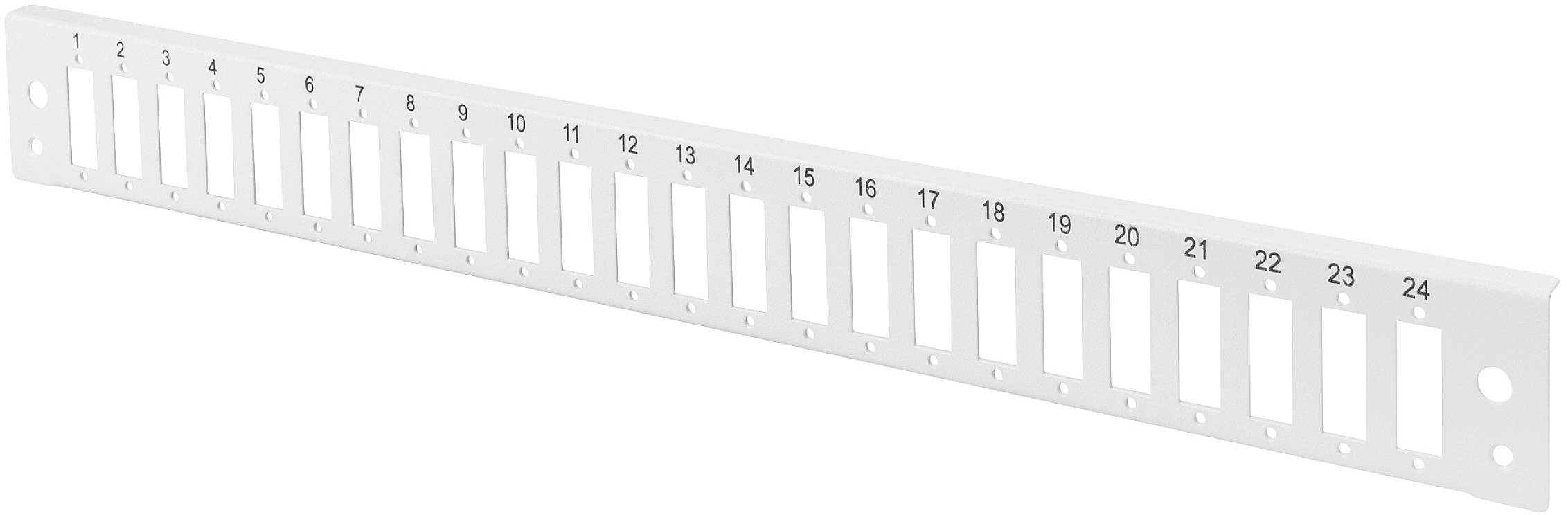 Weiße Patchpanel-Frontplatte mit 24 nummerierten Steckplätzen, geeignet für Netzwerkverkabelung in Server-Racks.