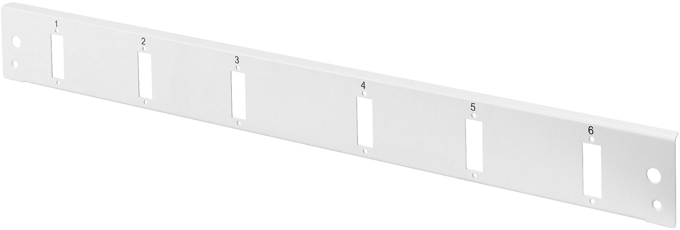 Metallplatte mit sechs rechteckigen Ausschnitten, nummeriert von 1 bis 6, zur Montage von Netzwerk- oder Kommunikationsbuchsen.