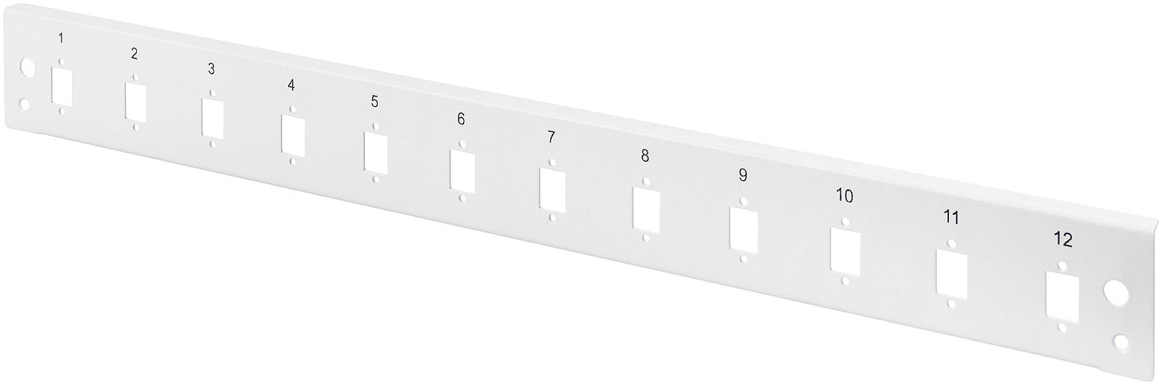 Weiße Patchpanel-Blende mit nummerierten Öffnungen 1 bis 12, zur Anordnung und Organisation von Kabelanschlüssen in einem Netzwerk.