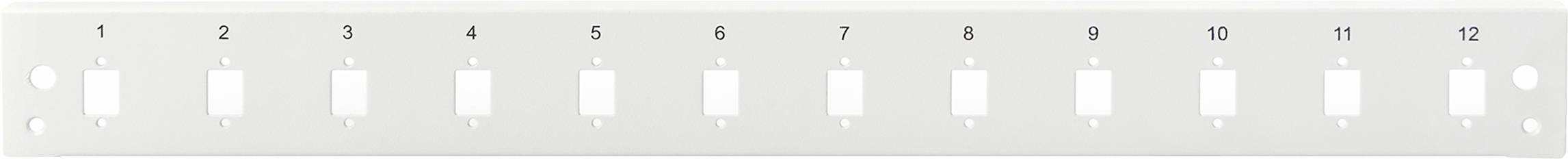 Weiße Metallschiene mit zwölf rechteckigen Ausschnitten, nummeriert von 1 bis 12, zur Befestigung von Kabelanschlüssen.
