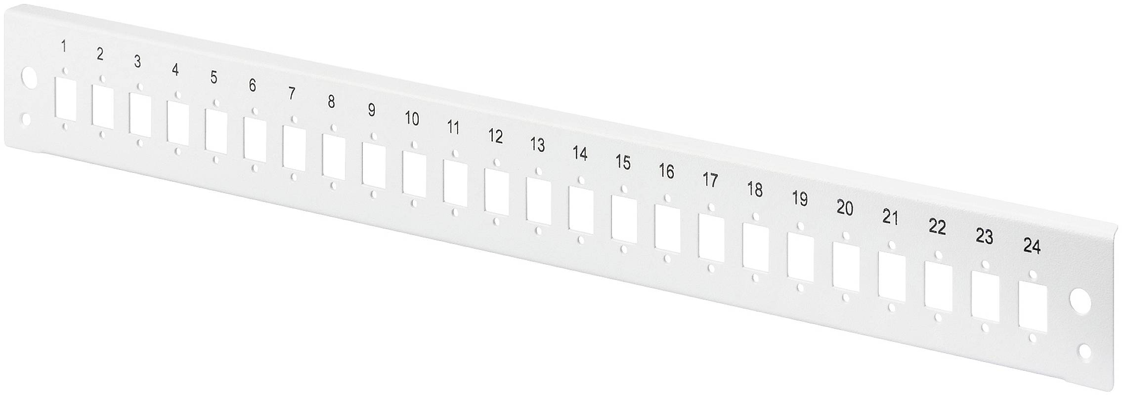 Weiße Patchpanel-Blende aus Metall mit 24 nummerierten Ports für Netzwerkverkabelung.