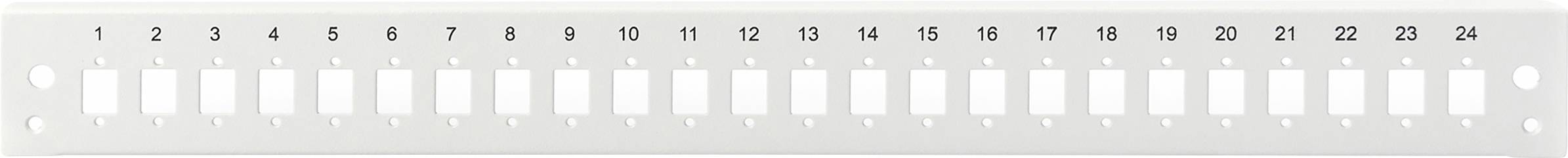 Ein weißes Patchpanel mit nummerierten Ports von 1 bis 24, die zur Organisation von Netzwerkkabeln verwendet werden.