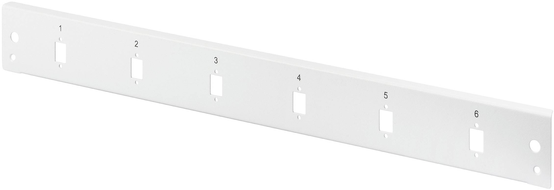 Metall-Abdeckblende mit sechs quadratischen Ausschnitten, nummeriert von 1 bis 6. Geeignet zur Montage in einem Rack-System.
