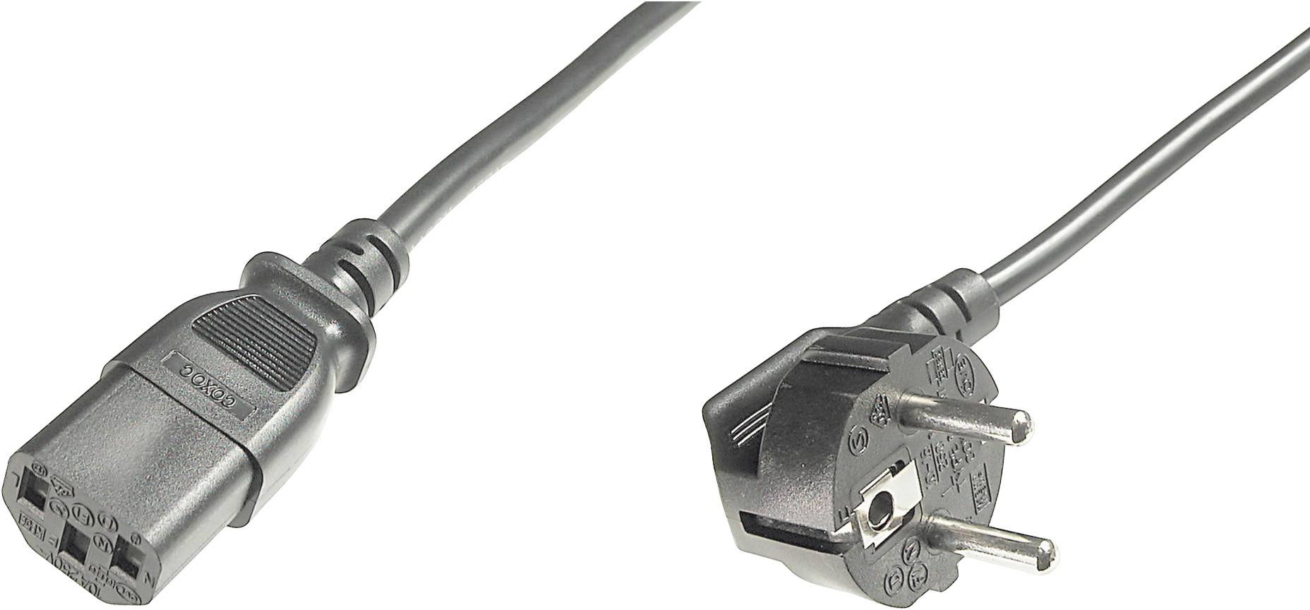 Ein europäischer Stecker und ein Kaltgerätekabel sind abgebildet. Der Stecker hat zwei runde Stifte und einen Erdungsstift.