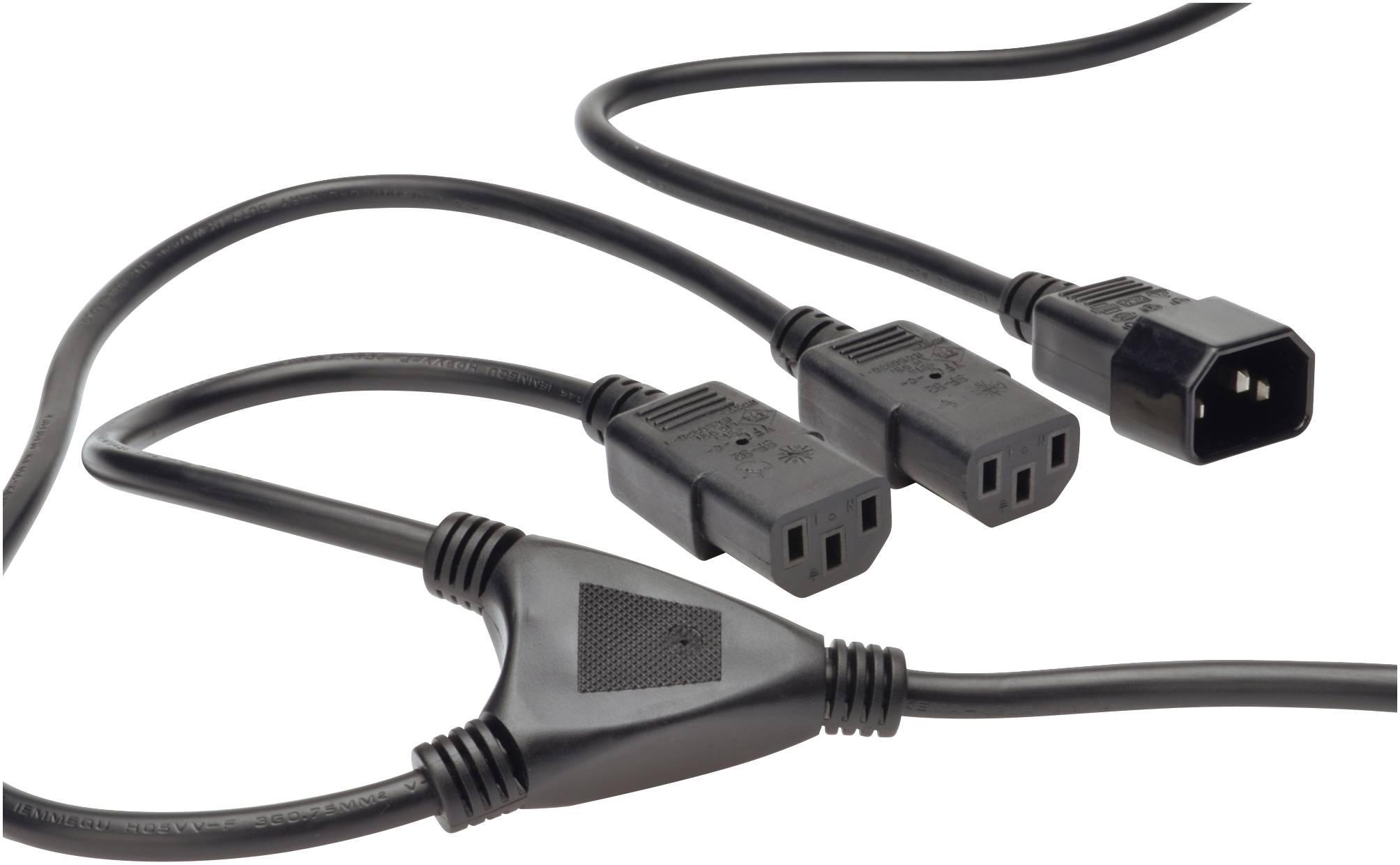 Elektrisches Y-Kabel mit einem männlichen Stecker und zwei weiblichen Steckdosen. Geeignet für die Verbindung mehrerer Geräte.