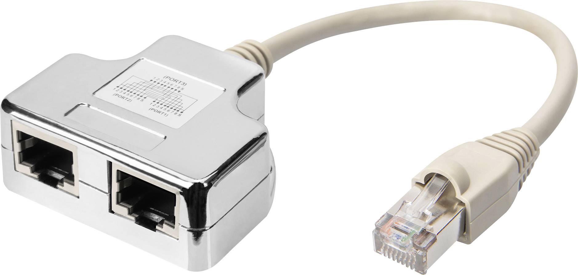 Ein silberner Ethernet-Splitter mit zwei Eingangsports und einem Ausgangskabel, das mit einem RJ45-Stecker endet.