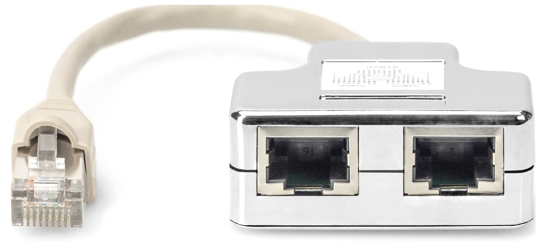 Ein Ethernet-Splitter mit einem Kabelstecker und zwei Anschlussbuchsen, ermöglicht die Verbindung von zwei Geräten zu einem Netzwerk.