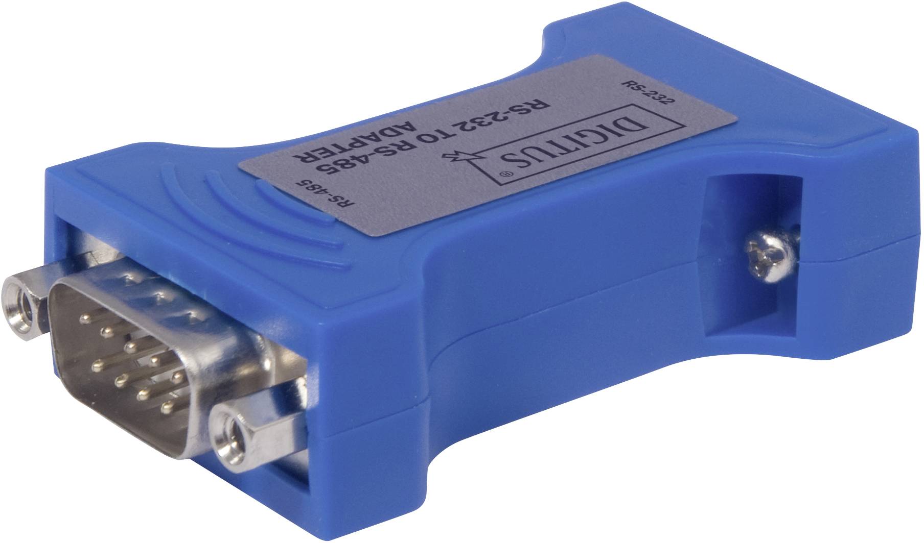 Blauer RS-232 zu RS-485 Adapter mit metallischen Anschlüssen, zur Verbindung verschiedener elektronischer Geräte.