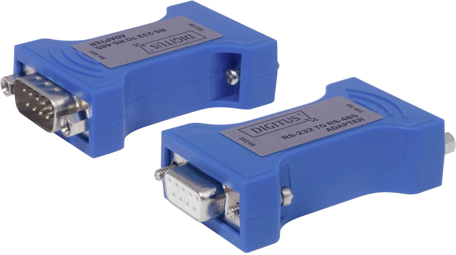 Zwei blaue Adapter mit RS-232- und RS-485-Anschlüssen von DIGITUS, für den Anschluss und die Umwandlung von seriellen Schnittstellen.