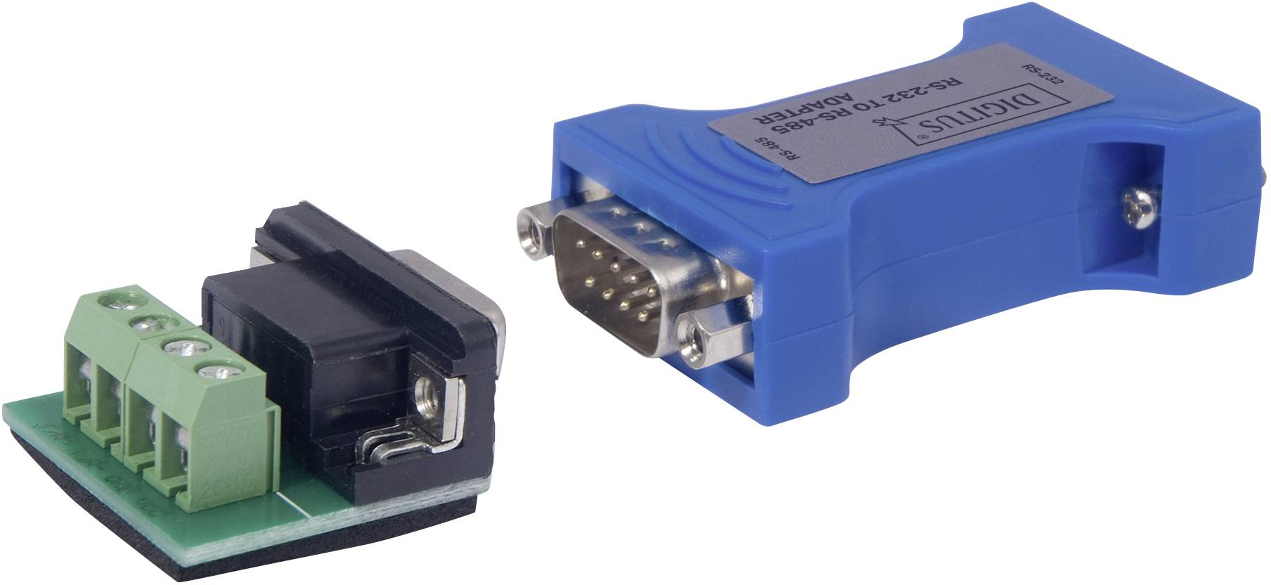 Blauer RS-232 zu RS-485 Konverter, zeigt Anschlüsse auf Vorder- und Rückseite.