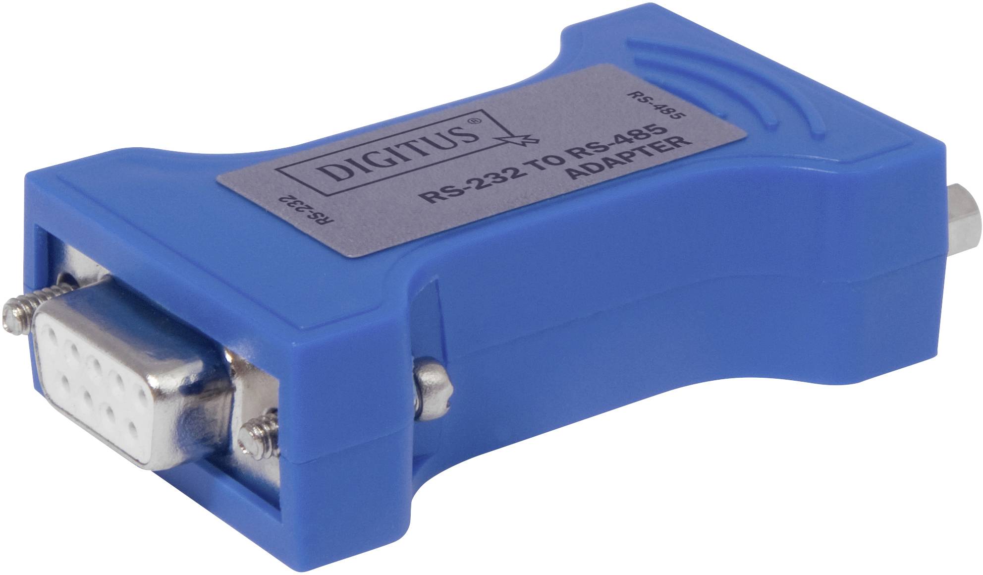 Blauer Adapter mit der Aufschrift 'RS-232 zu RS-485 ADAPTER', verwendet zur Verbindung unterschiedlicher Schnittstellen in der Elektronik.