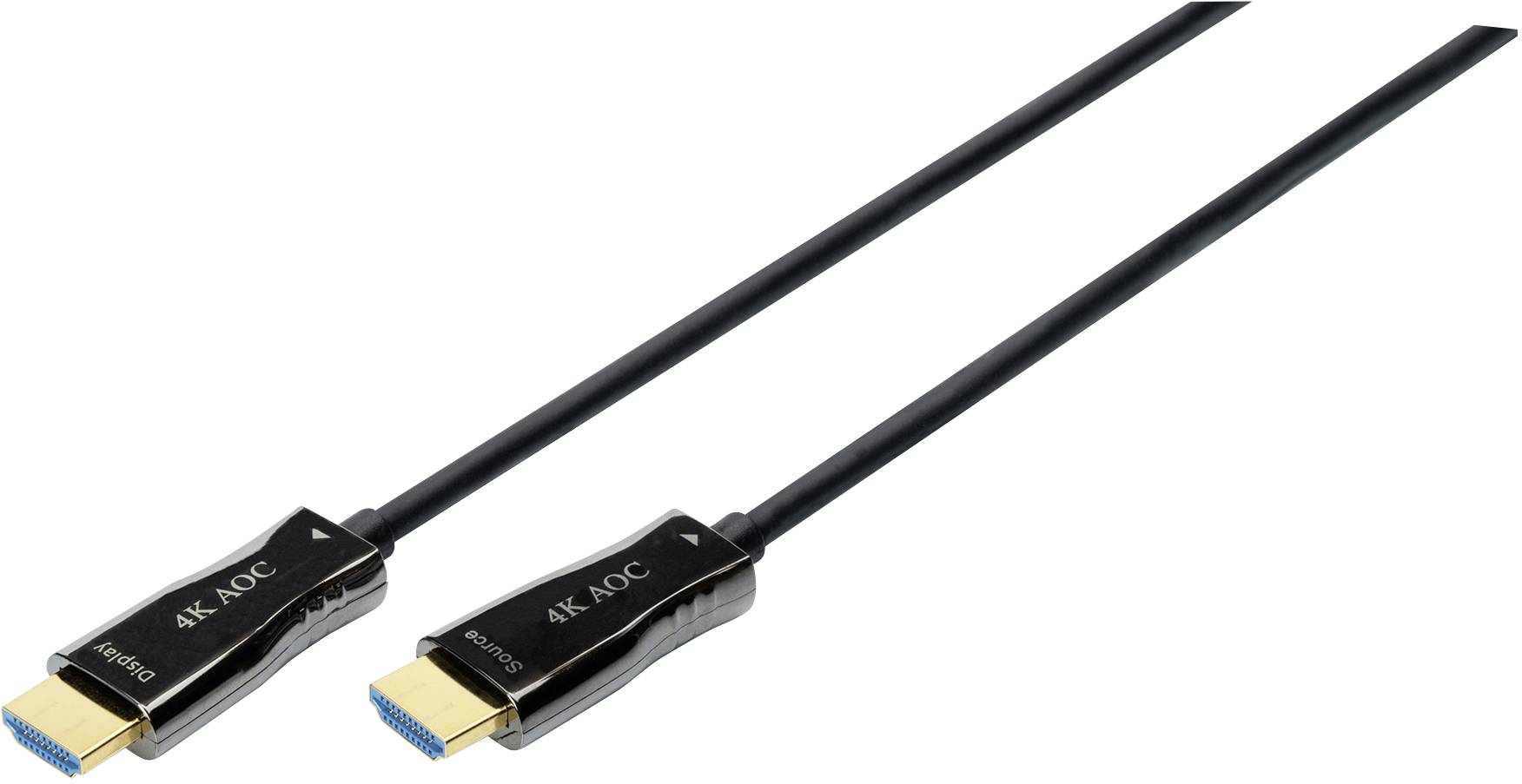 Zwei schwarze HDMI-Kabel mit goldfarbenen Anschlüssen, jeweils mit der Aufschrift '4K AOC', vor weißem Hintergrund.