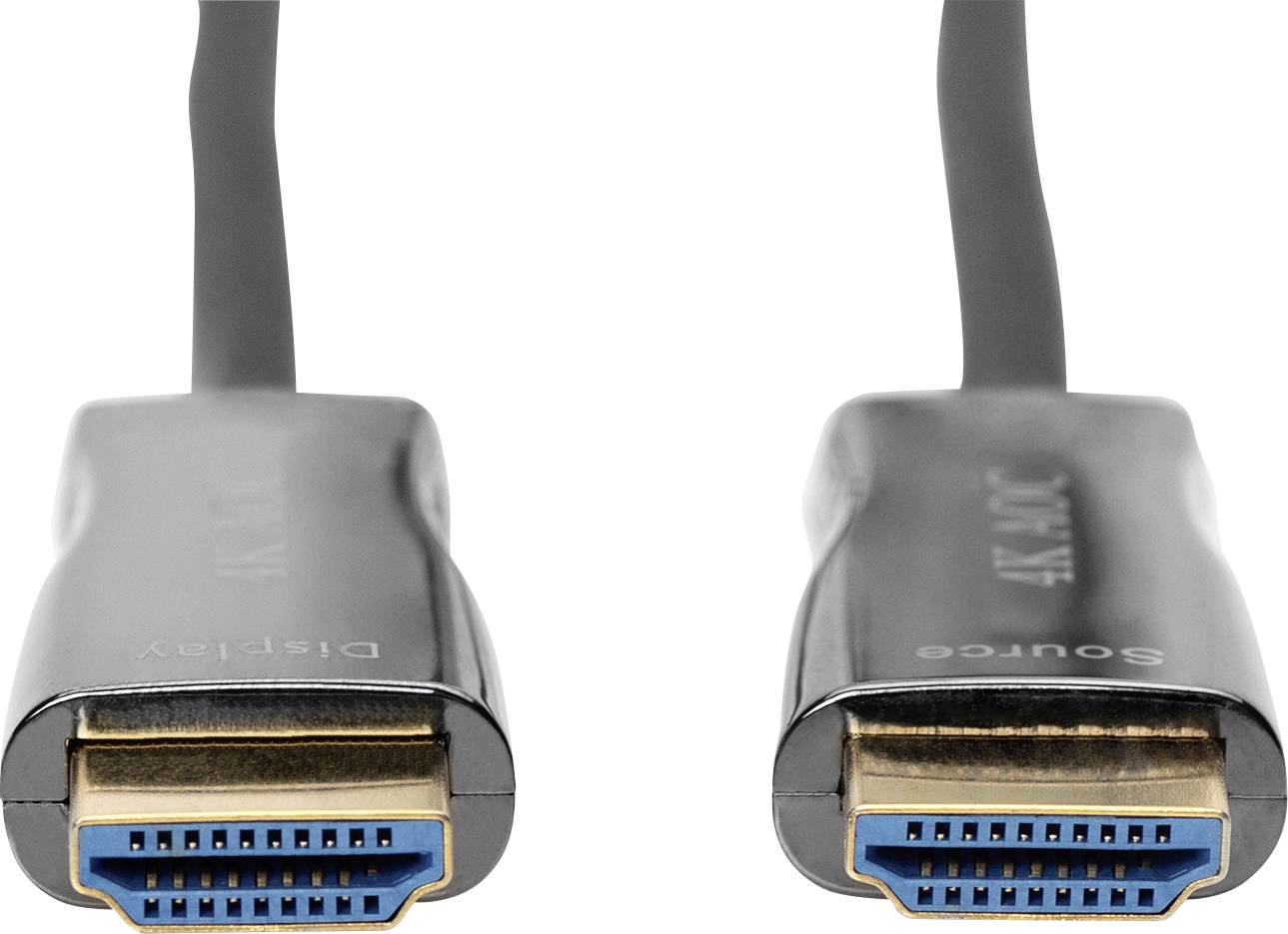 Zwei HDMI-Kabel mit blauen Anschlüssen und Beschriftungen 'Display' und 'Source'. Geeignet für Audio- und Videoübertragung.