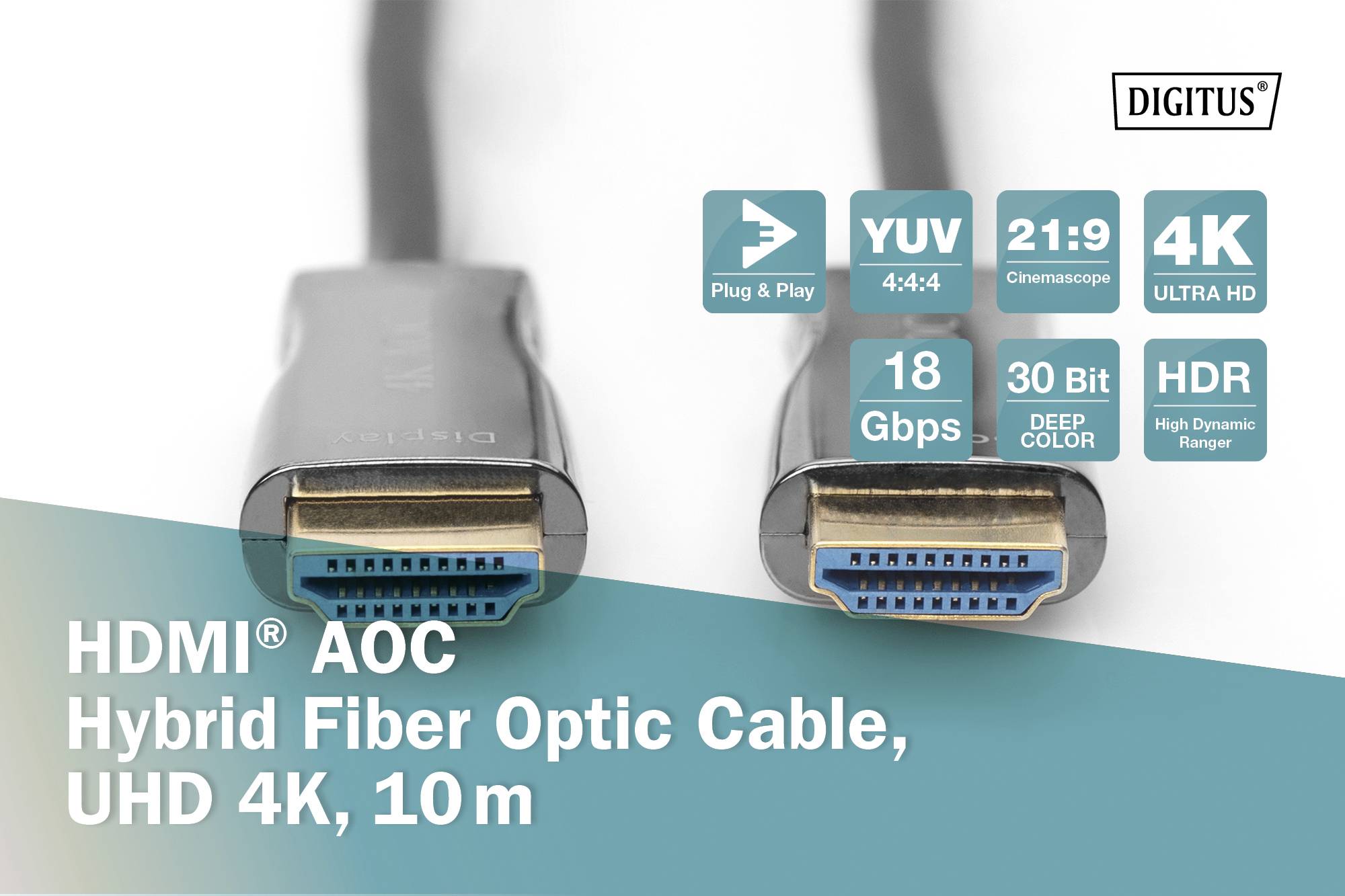 Die Abbildung zeigt zwei HDMI-Stecker eines Hybrid-Glasfaserkabels, gekennzeichnet mit Spezifikationen wie UHD 4K, 18 Gbps, 10 m Länge.