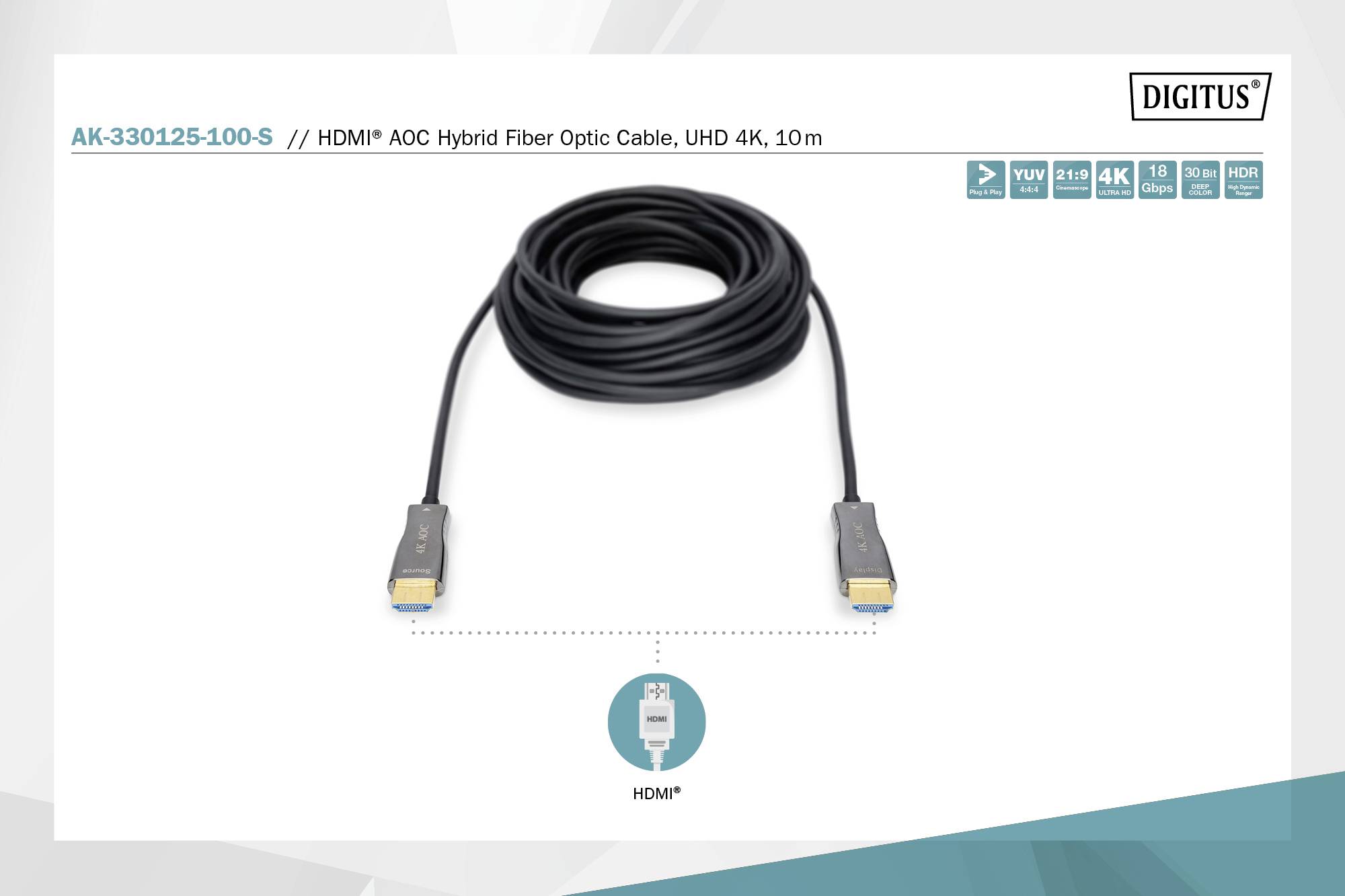 HDMI AOC Hybrid Glasfaserkabel, UHD 4K, 10m. Zwei HDMI-Stecker verbunden durch ein 10m langes Kabel. Modellnummer AK-330125-100-S.