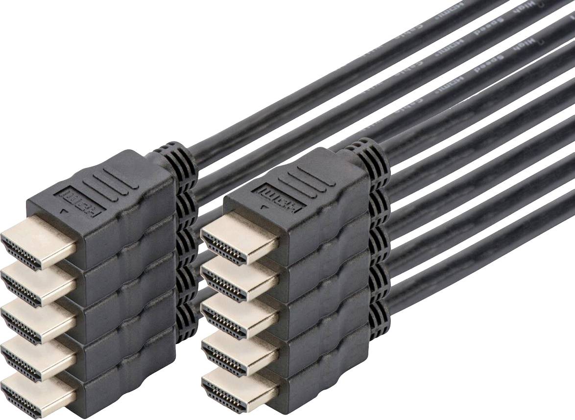 Mehrere schwarze HDMI-Stecker sind gruppiert und zeigen in dieselbe Richtung; sie dienen zum Übertragen von Audio- und Videodaten.