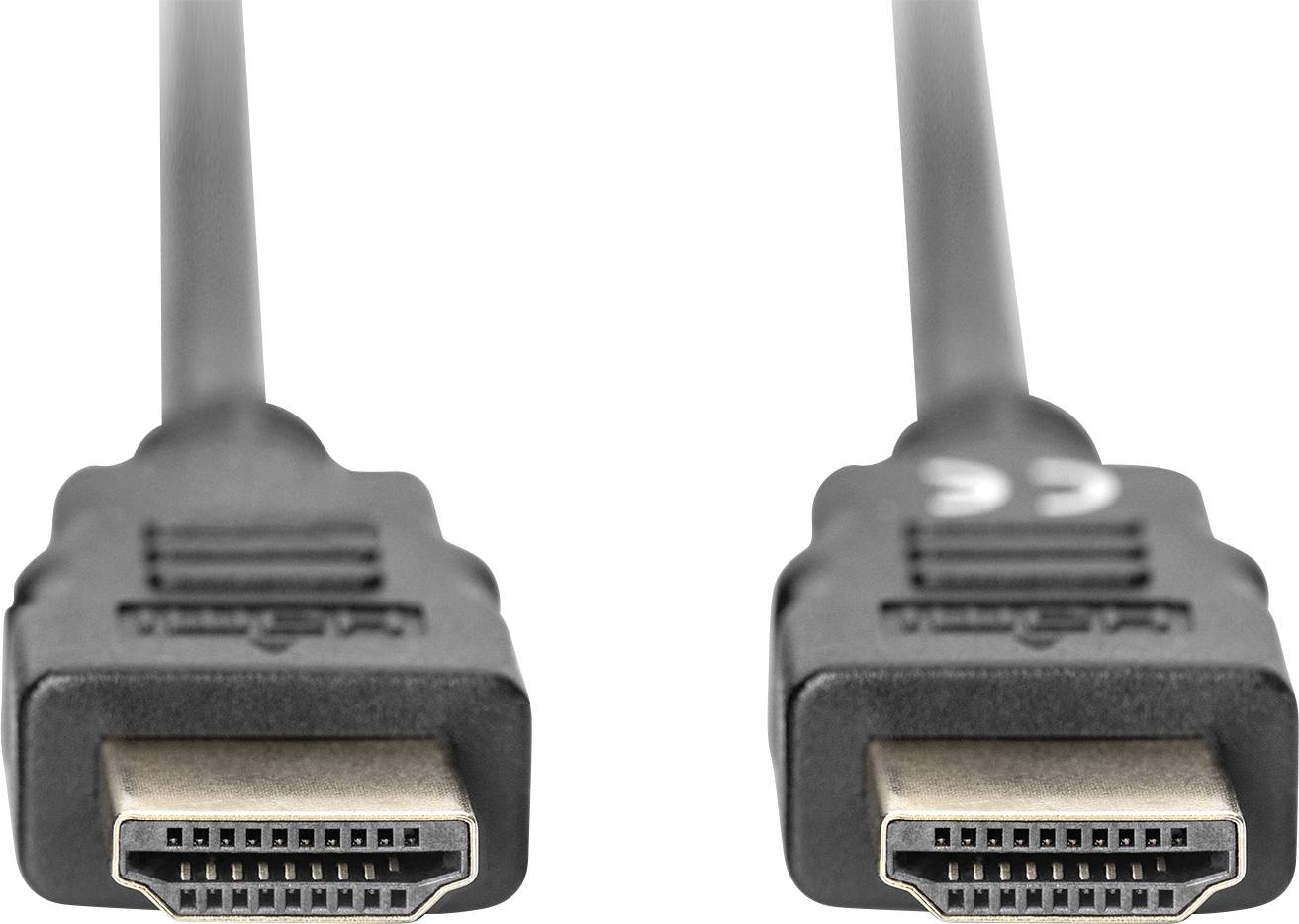 Zwei identische HDMI-Stecker mit schwarzem Kabel, nebeneinander liegend, zeigen ihre Anschlüsse.