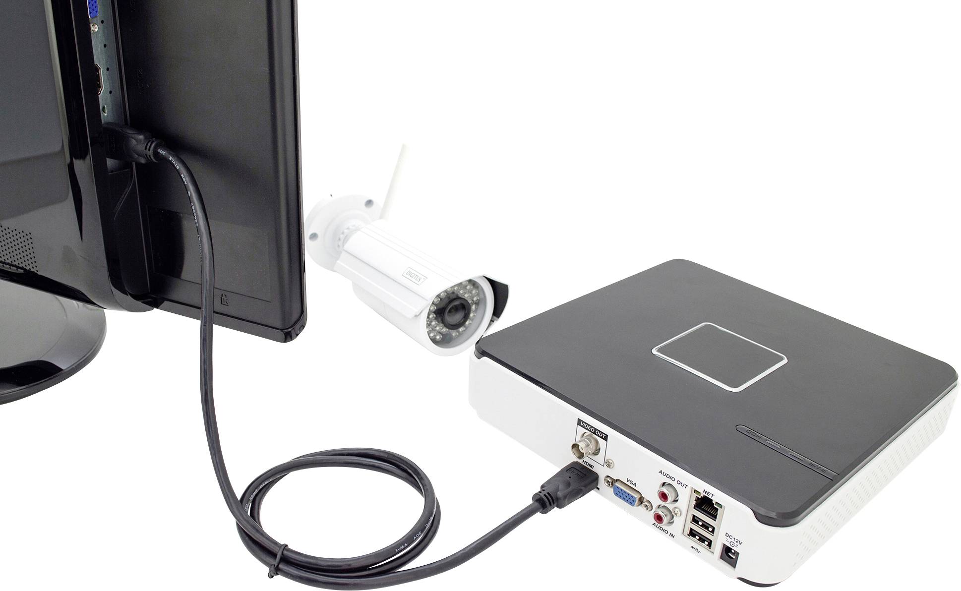 Ein Überwachungssystem bestehend aus einer Kamera, die mit einem Monitor über ein Kabel verbunden ist. Das Bild zeigt technische Hardware zur Videoüberwachung.