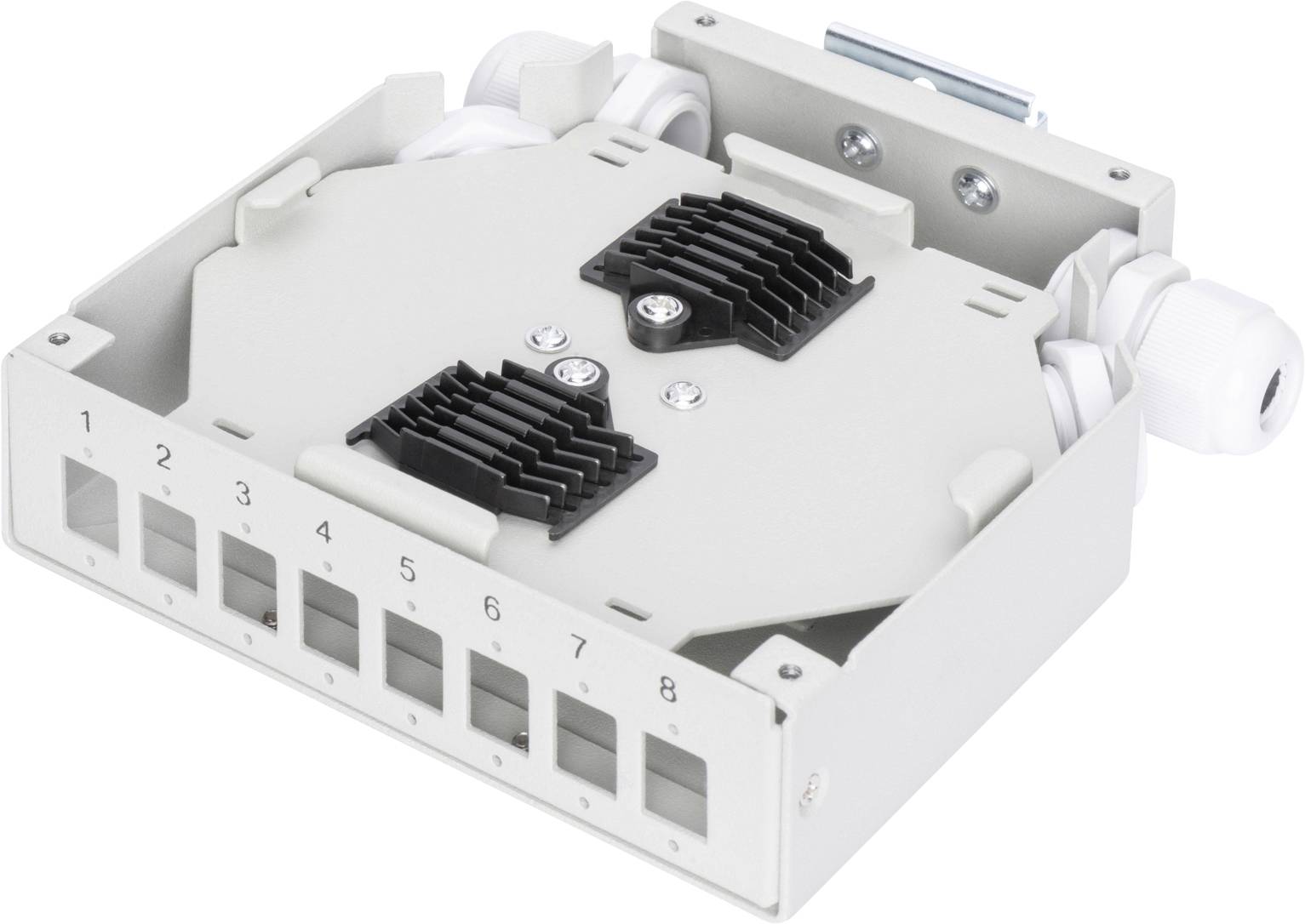 Metallgehäuse für Glasfasertechnik mit acht nummerierten Anschlüssen und zwei Kabeldurchführungen oben.