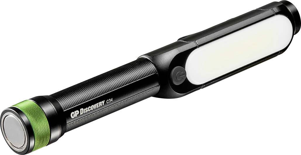 Schwarze, längliche Taschenlampe mit grüner Kappe und seitlichem Lichtstreifen. Links befindet sich ein Druckknopf.
