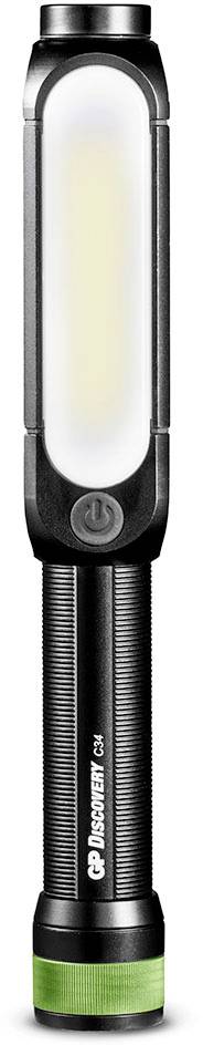 Schwarze Taschenlampe mit langem, schmalem Leuchtfeld und grünem Akzent am Griff. Leuchtfeld ist eingeschaltet und zeigt helles Licht.