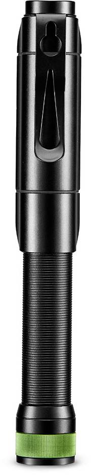 Eine schwarze Taschenlampe mit grünem Detail am Griffende, stehend in der Bildmitte.