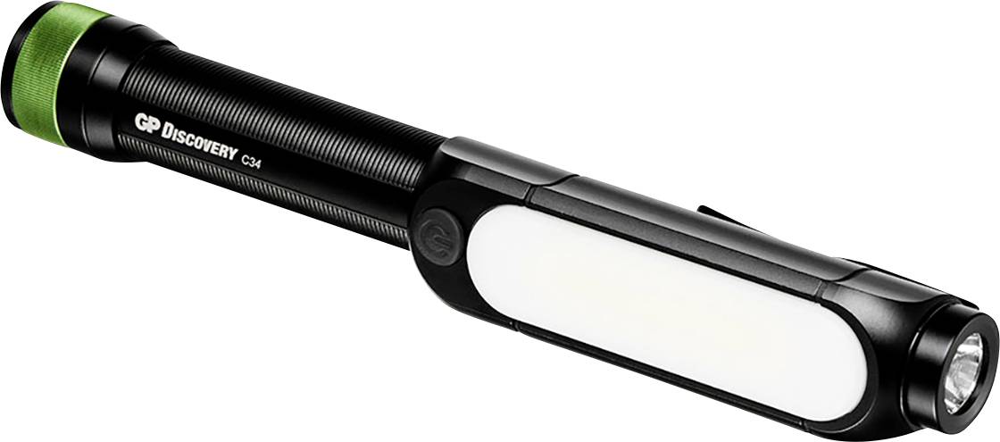 Schwarze Stablampe mit grünem Akzent, rechteckigem Seitenlicht und rundem Frontlicht, zur Beleuchtung verwendet.