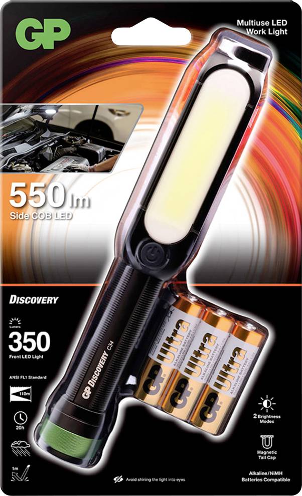 Packung einer LED-Arbeitsleuchte mit Batterien, 550 Lumen Helligkeit, Schwerpunkt auf Fahrzeugreparaturen, 350 Meter Sichtweite.