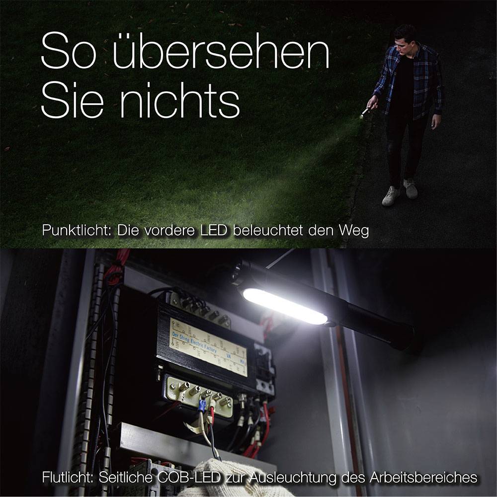 Oben: Eine Person geht mit einer Taschenlampe, die den Weg beleuchtet. Unten: Eine COB-LED beleuchtet einen Arbeitsbereich.