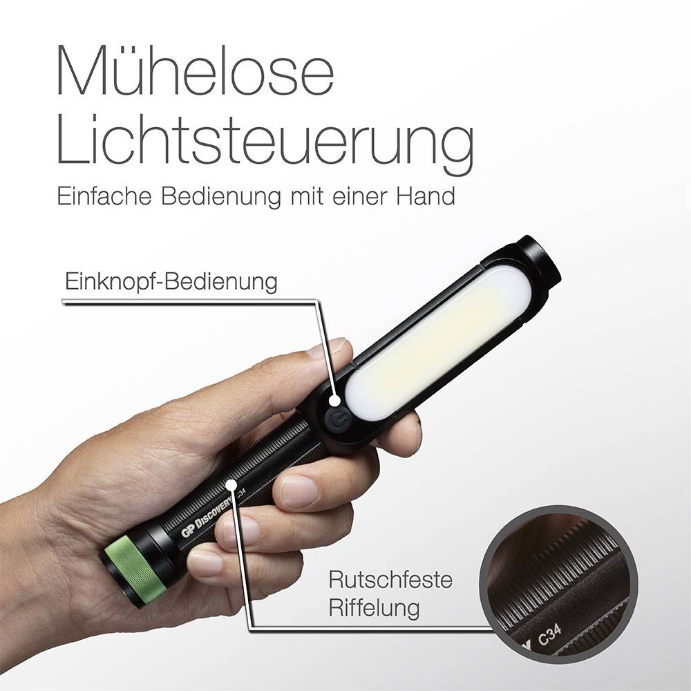 Hand hält eine Taschenlampe mit Ein-Knopf-Bedienung, rutschfester Riffelung und müheloser Lichtsteuerung. Einfache Bedienung mit einer Hand.
