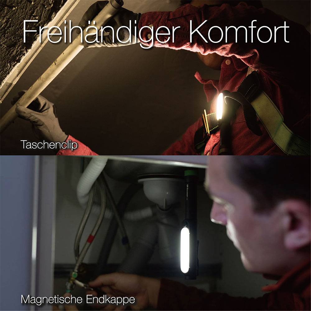 Person sitzt in einem dunklen Raum und schraubt eine Glühbirne ein, beleuchtet durch eine an der Kleidung befestigte Lampe.