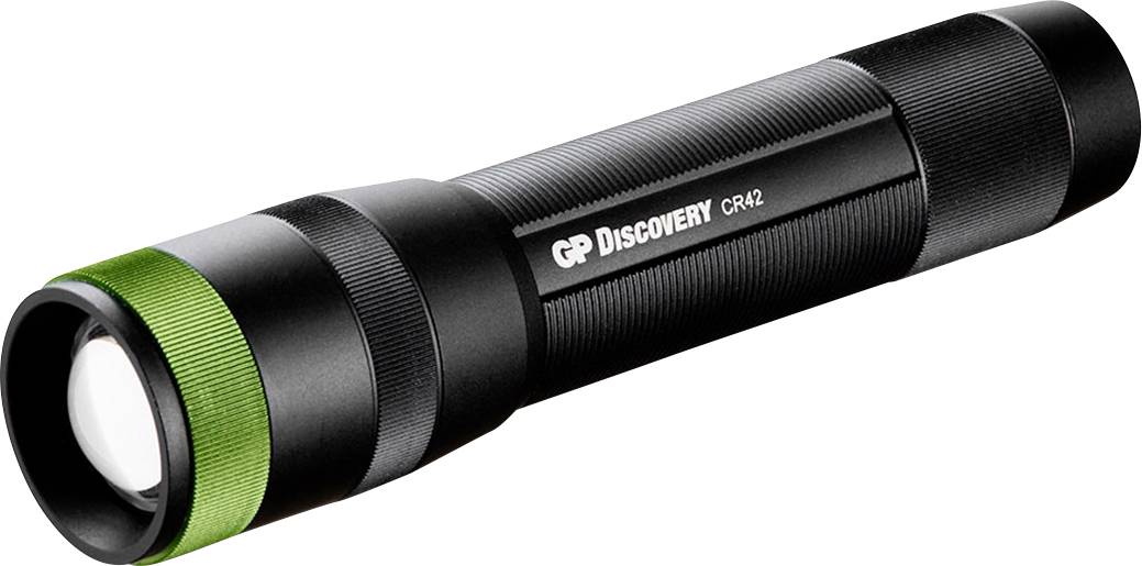 Eine schwarze Taschenlampe mit grünem Ring am Kopf, beschriftet mit 'GP Discovery CR42'.