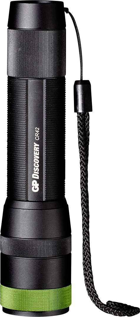 Schwarze LED-Taschenlampe mit grünem Akzent und Handschlaufe, geeignet für Outdoor-Aktivitäten und den täglichen Gebrauch.
