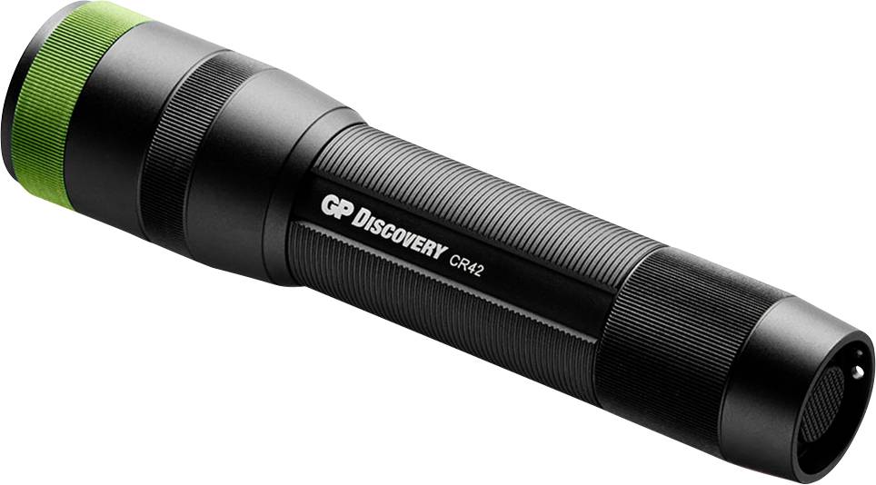 Schwarze Taschenlampe mit grünem Detail am Ende, markiert mit 'GP Discovery CR42'.