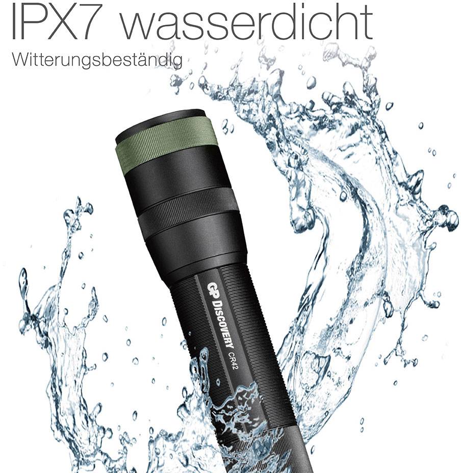 Taschenlampe spritzt Wasser, mit Text 'IPX7 wasserdicht, Witterungsbeständig'.
