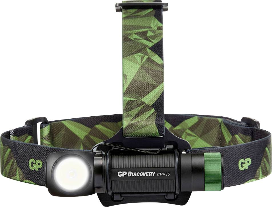 Stirnlampe mit grün-gemustertem Stirnband und leuchtendem LED-Licht, gekennzeichnet mit 'GP Discovery CHR35'.