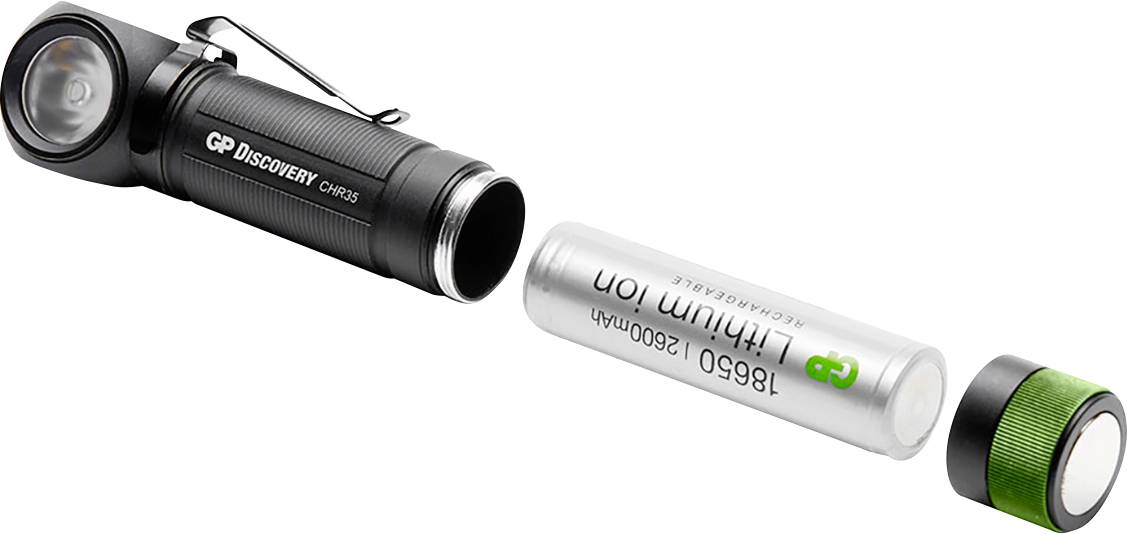 Eine schwarze Taschenlampe mit abgenommenem Deckel, daneben ein Lithium-Ionen-Akku.