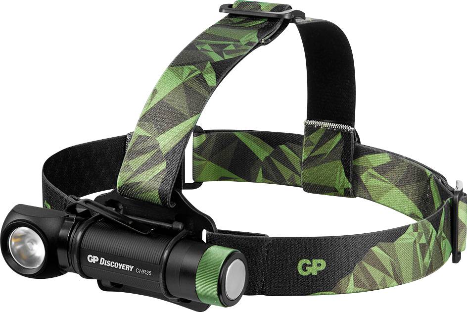 Stirnlampe mit grün-schwarzem Kopfband und seitlich angebrachtem Licht, geeignet für Outdoor-Aktivitäten wie Wandern oder Camping.
